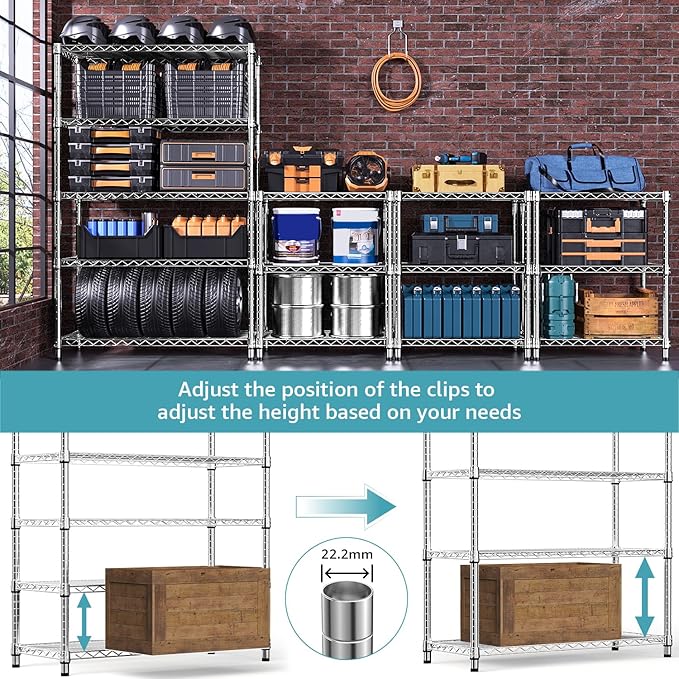 5-Shelf Storage Shelves,Wire Shelving Heavy Duty Metal Storage Shelving Unit Adjustable Garage Shelving Rack Pantry Kitchen (Chrome, 5 Tier,17.7" D x 47.2" W x 76.7" H)