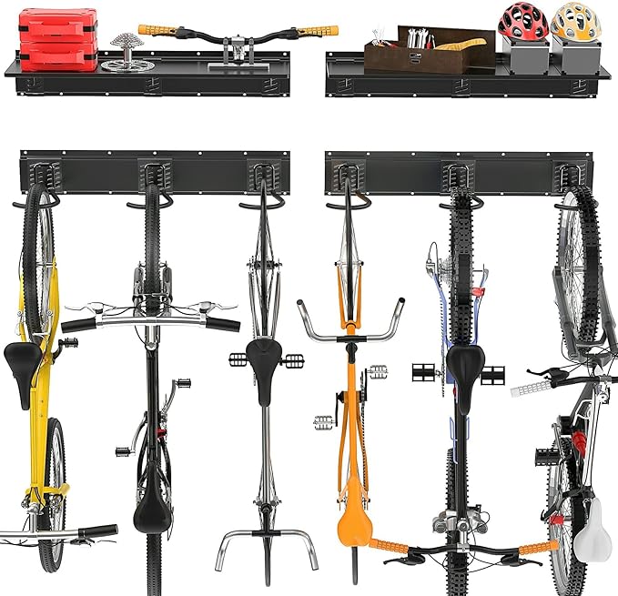 TORACK Bike Storage Rack with Shelf, 6 Bikes Hangers for Garage, Space Saving Bike Rack Wall Mount, Holds Up to 600 LBS