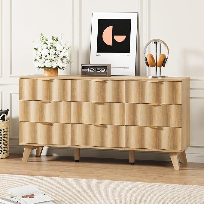 9 Drawer Dresser, Modern Fluted Storage Dresser with Deep Drawers and Metal Handles, Wood Chest of Drawers Storage Organizer for Bedroom, Living Room, Hallway (Natural)