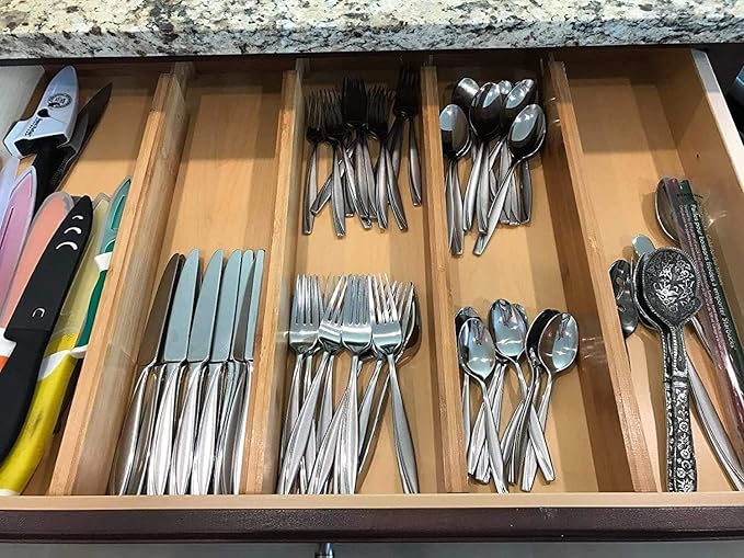 6 Pack Bamboo Kitchen Drawer Dividers, Expandable Drawer Separators Splitter, Utensil Drawer Organizer, Adjustable Organizer for Large Utensil, Clothes, Tools Drawers