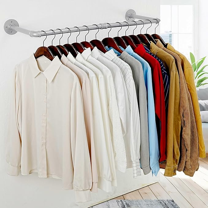 WEBI Industrial Pipe Clothing Rack,32" Wall Mounted Clothes Rack for Hanging Clothes,Heavy Duty Metal Garment Rack Bar Wall Mount Clothing Rod for Closet,Laundry Room,Silver,2 Packs