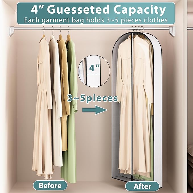 60” Garment Bags for Hanging Clothes 4” Gusseted - with Clear Window, Breathable Fabric, Metal Zipper, Suit Coat Long Dress Protector for Clothes Closet storage, Season Off, Moving, 5 Pack