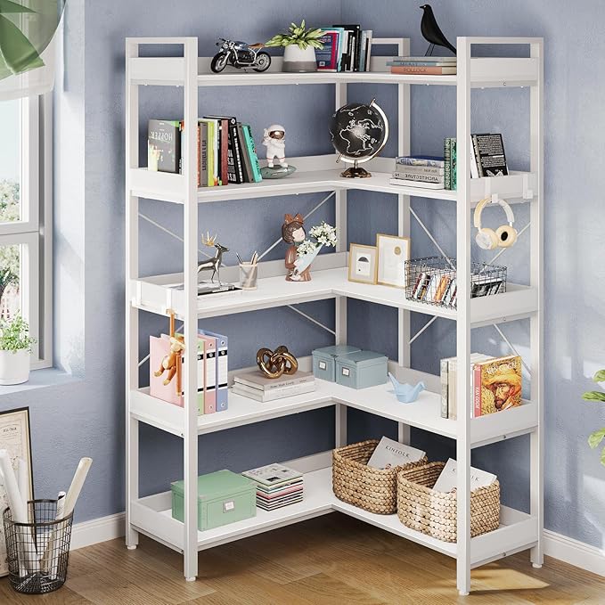 Rolanstar Bookshelf 5 Tier with 4 Hooks, Reversible Corner Bookshelf, 65" Industrial Wooden Bookcase with Open Shelves and Metal Frame for Living Room, Bedroom, Home Office, White