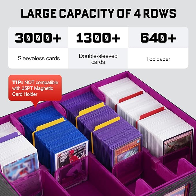 ZLCA MTG Storage Box 4-Row with Handle, MTG Deck Box Holds 3000+ Trading Cards with Portable Handle Dice Tray, Commander Storage Card Case for Toploader TCG PTCG Sport Card(Black&Purple)
