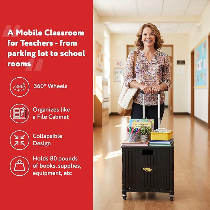 dbest products Quik Cart 360 Rolling Crate with Wheels - Collapsible Utility Cart for Teachers & Home - Heavy Duty Folding Cart with Seat - 80 lb Capacity - Black