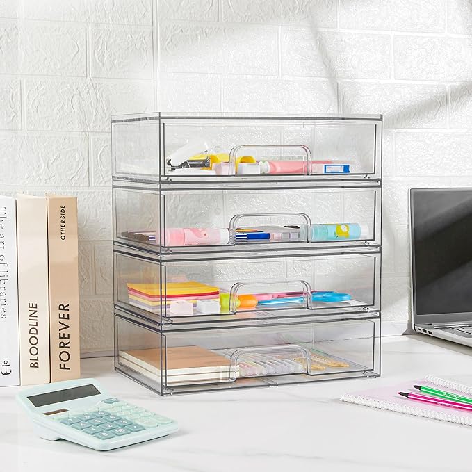 Vtopmart 12.1''W Clear Stackable Storage Drawers,6 Pack Acrylic Plastic Organizers Bins for Makeup Palettes, Cosmetics, and Beauty Supplies,Ideal for Vanity, Bathroom,Cabinet,Desk Organization