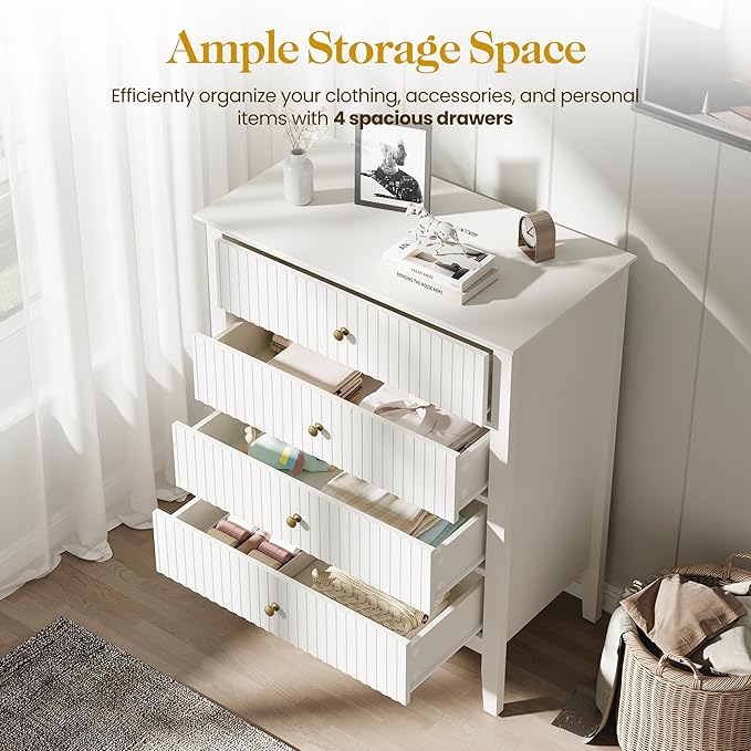 RoyalCraft White Fluted 4 Drawer Dresser for Bedroom, Modern Chest of Drawers, Wood Dresser for Storage Clothes, Wooden Storage Cabinet Nightstand for Bedroom, Hallway, Living Room, Entryway