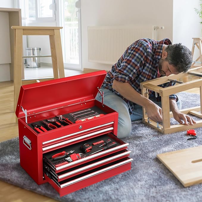 Metal Tool Box Organizer | Lockable Tool Chest | Toolbox with 5 Sliding Drawers | Large Tool Storage Box Organizer | Portable Toolchest with Keys for Garage Workshop and Tool Room | Red