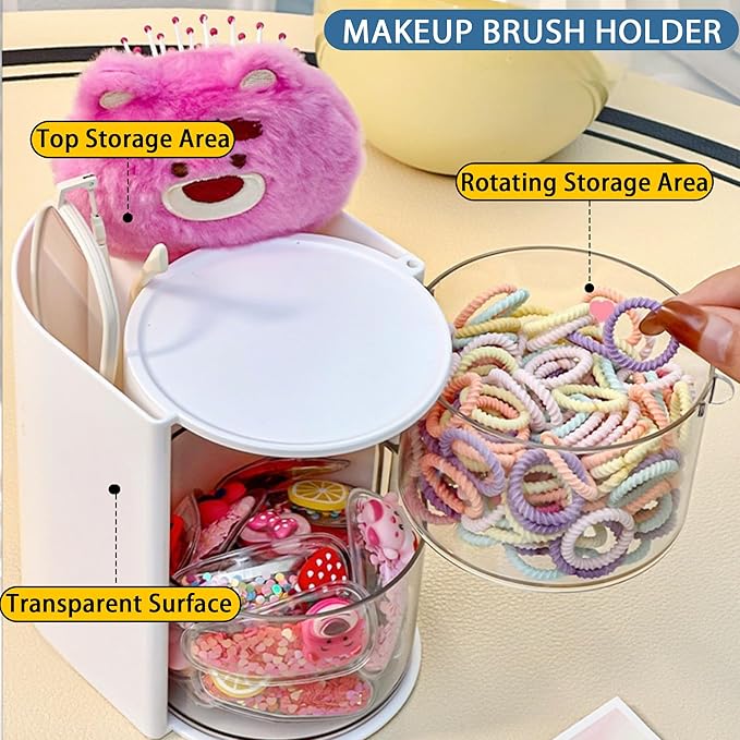 Hair Accessories Organizer with Hair Brush Holder, Rotatable Makeup Brush Holder for Necklaces, Earring, Bracelet, Ring, Makeup Brushes, Hair Clip and Hair Accessories (White, 2-Layer)
