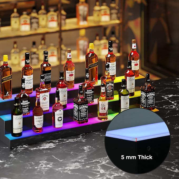 Dethan 3 Tier 40 Inch Liquor Bottle Display Shelf - Illuminated Wine Racks with Multi-Color App & Remote Control, Adjustable Brightness & Sound Modes, Acrylic Bar Shelves Displays
