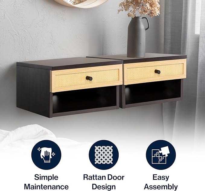 JONATHAN Y NST2000A Celerie 15.71" Mid-Century Modern Floating Wall Mounted Nightstand with Soft-Close Rattan Drawer and Cable Hole, Black/Light Oak
