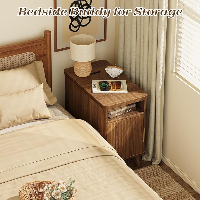 Huuger Narrow Nightstand with Charging Station, USB-C Port, Set of 2 Night Stand, Fluted End Table with Storage Cabinet, Back Rack, Side Table for Small Spaces, 13.4×23.6 Inch, Walnut