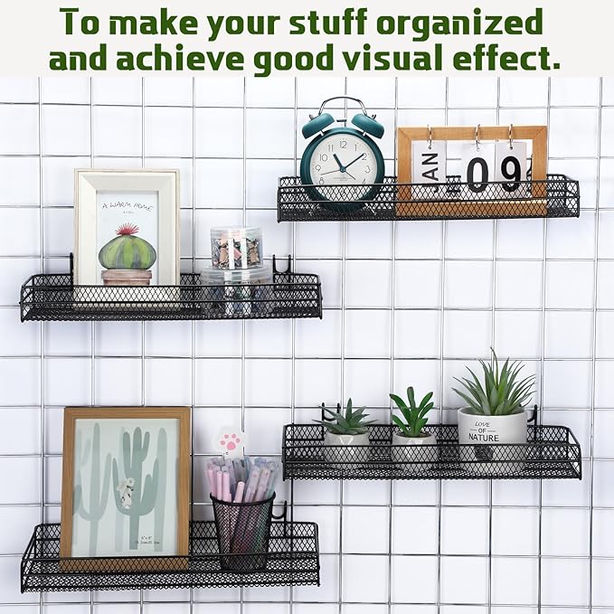 4 Pcs Black Metal Grid Wall Baskets with Hooks Hanging Wire Mesh Basket for Gridwall Wall Mounted Storage Organizer for Home Kitchen Organizing Display