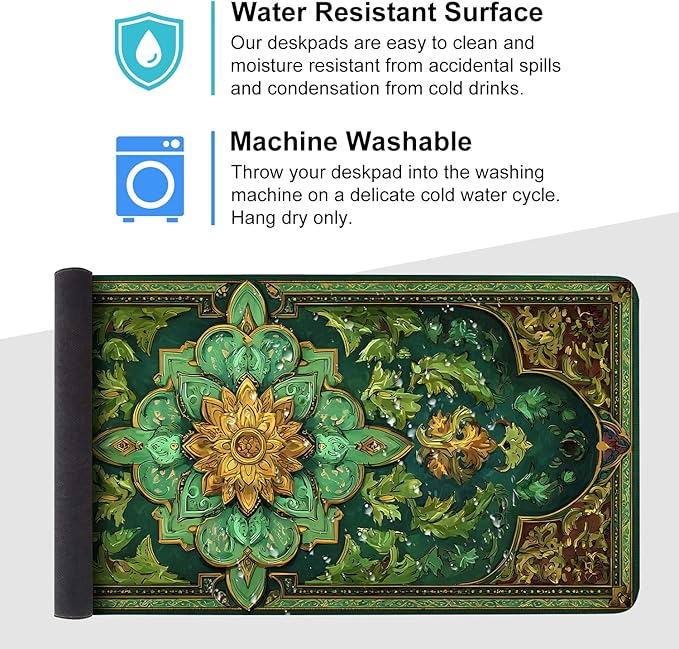 Green Vintage Floral Mouse Pad – Large Extended Desk Mat 35.43 x 15.75 in – Ornate Oriental Carpet Design with Gold & Emerald Motif, Waterproof Surface,Keyboard & Mouse Pad for Office & Home