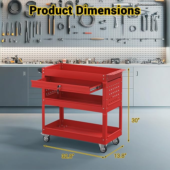 3 Tier Rolling Tool Cart on Wheels, 550 LBS Tool Cart with Drawers，Heavy Duty Utility Cart with Pegboard and Hook，Mechanic Tool Storage Cart for Garage, Warehouse and Repair Shop(Red)