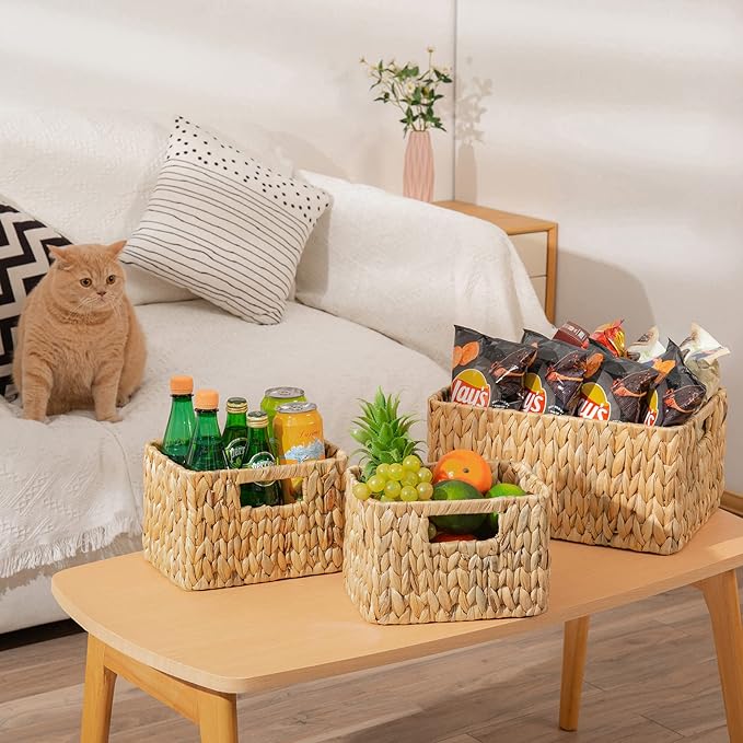 ELONG HOME Wicker Storage Basket, 3 Pack Hand-Knitted Wicker Baskets, Water Hyacinth Storage Baskets with Built-in Handles