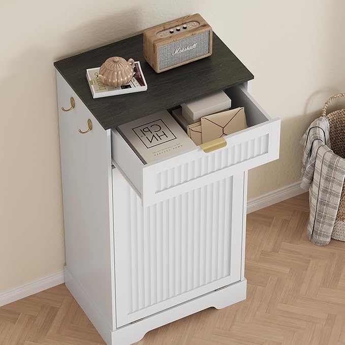 13 Gallons Tilt Out Trash Can Cabinet, Wooden Fluted Trash Garbage Can Cabinet with Drawers, Hidden Laundry Hamper with Hooks for Kitchen Living Room, White