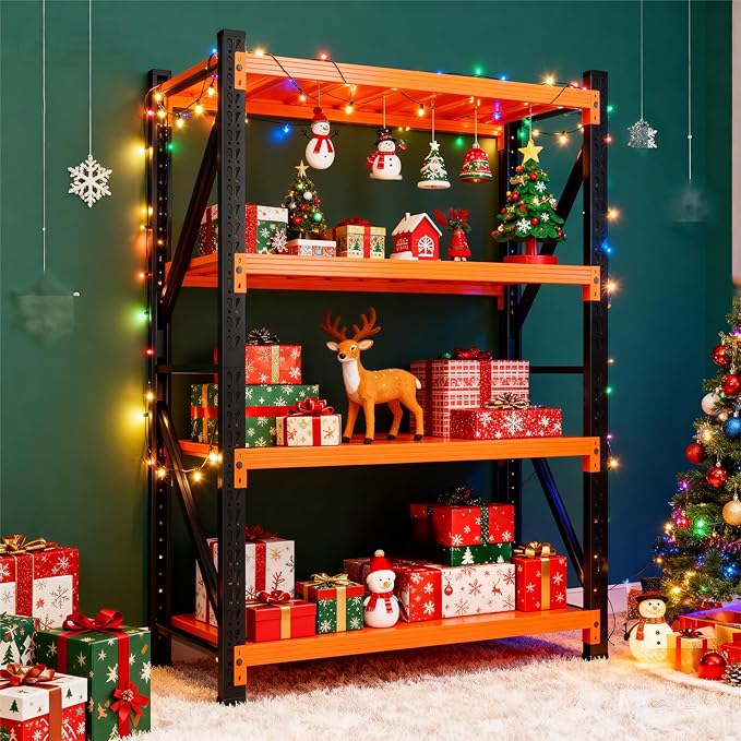 79" H Garage Shelving,4000LBS Heavy Duty Storage Rack,4 Tiers Metal Storage Rack Shelf, Adjustable Shelving Unit for Garage,Kitchen,Warehouse,Basement,78.7" H x 59" W x 19.6" D,Black&Orange