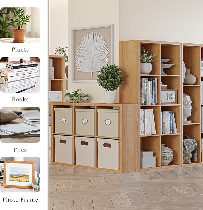 Cube Storage Organizer Bookcase, Decorative 11 inch Open Back Cubical Shelf with Thickened Border, Display Bookshelf for Living Room, Home Office, Sturdy Room (Natural Oak, 6 Cube)