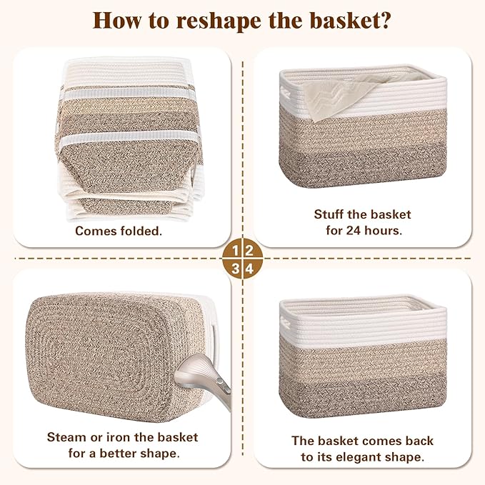 Storage Baskets for Organizing, 4 Pack Storage Baskets for Shelves, Woven Basket for Shelves, Closet Organization, Rectangle Organizer Basket Gifts Empty, 13"Lx8.7"Wx7.9"H Decorative Bins with Handles