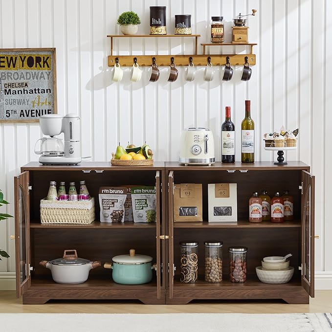 27" Floor Storage Cabinet, Mid-Century Wood Sideboard Buffet Cabinet with Display Arched Acrylic Door & 3-Level Adjustable Shelve for Bathroom, Living Room, Kitchen, Coofee Bar (Walnut)