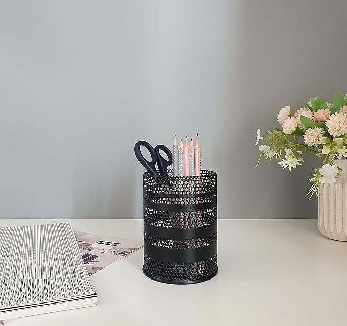 Metal Hook Wall Mounted Pen Pencil Holder, Office Desk Organizer with Hook for Hanging on Wire Mesh Wall Grid Panel (Black, Mid)