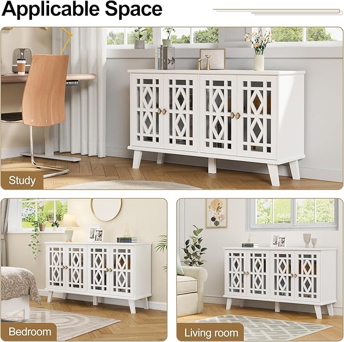 Scurrty 52" Buffet Cabinet with Storage,Sideboard with 4 Doors, Skeletonized Coffee Bar with Storage, Sideboard Cabinet for Dinning Room, Kitchen & Living Room (White)