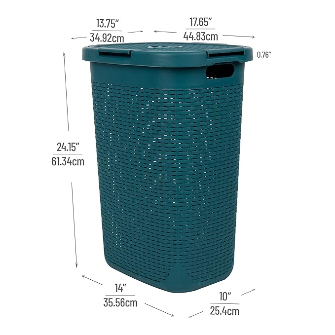Mind Reader Slim Laundry Hamper with Lid, 60L Clothes Basket, Premium Wicker Design, Plastic, Blue