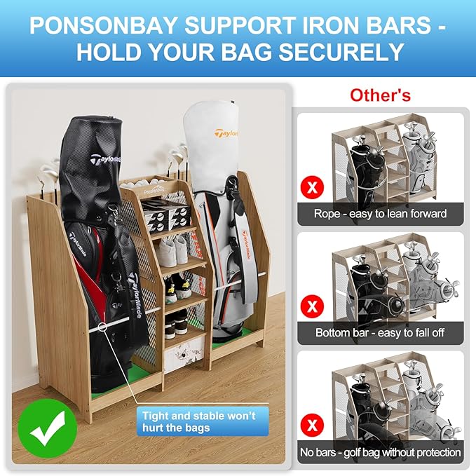 Golf Bag Storage Organizer for Garage, Premium Wooden 2 Golf Bags Rack with Drawer, Easy Assemble Golf Club Stand/Holder Suitable for Garage Home Simulator and Office