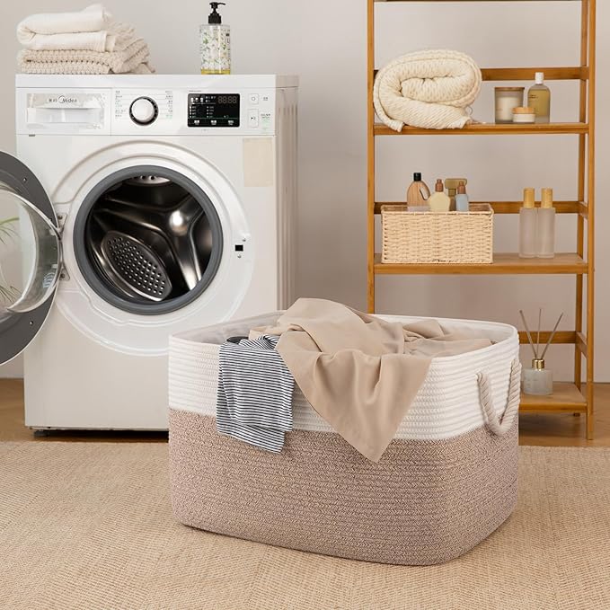 95L Extra Large Blanket Basket with Lid, 24" x 16.9" x 14.2" Woven Storage Basket for Living Room, Rectangle Nursery Blanket Storage for Toys, Towels, Dirty Clothes, Yellow & White
