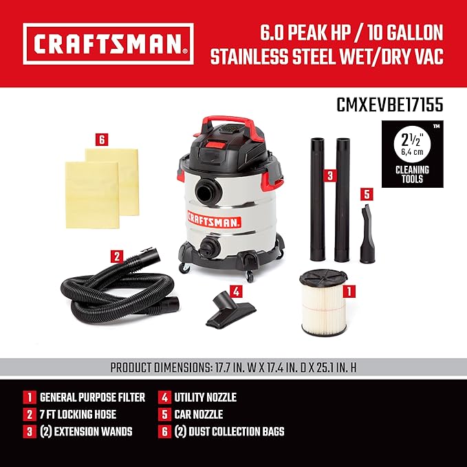 CRAFTSMAN CMXEVBE17155 10 Gallon 6.0 Peak HP Stainless Steel Wet Dry Vac, Portable Shop Vacuum Wet and Dry with Filter, Dust Bags, Hose and Attachments for Home and Garage Use