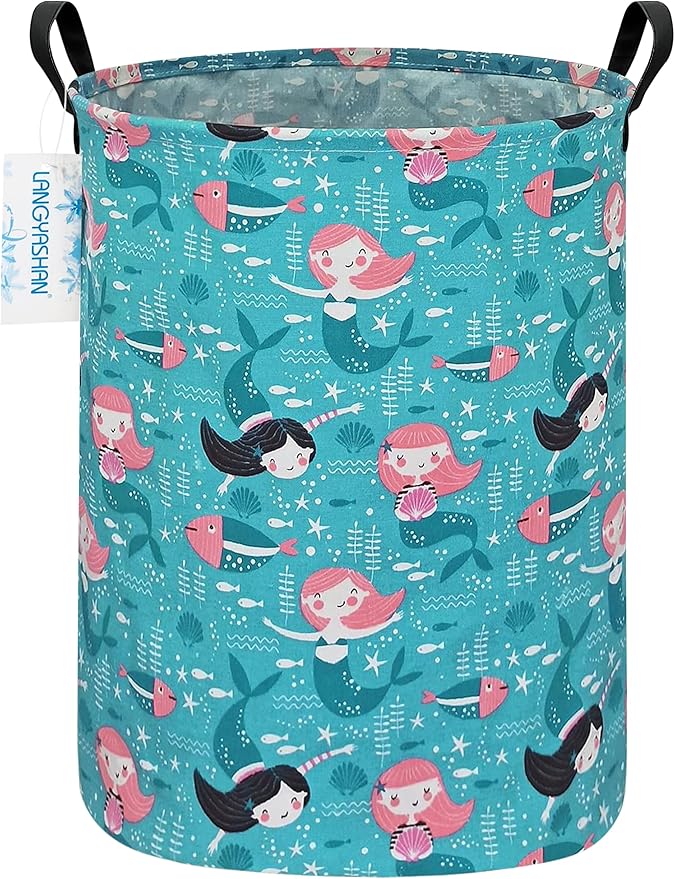 LANGYASHAN Storage Bin, Canvas Fabric Collapsible Organizer Basket for Laundry Hamper,Toy Bins,Gift Baskets, Bedroom, Clothes,Baby Nursery (Round Mermaid)