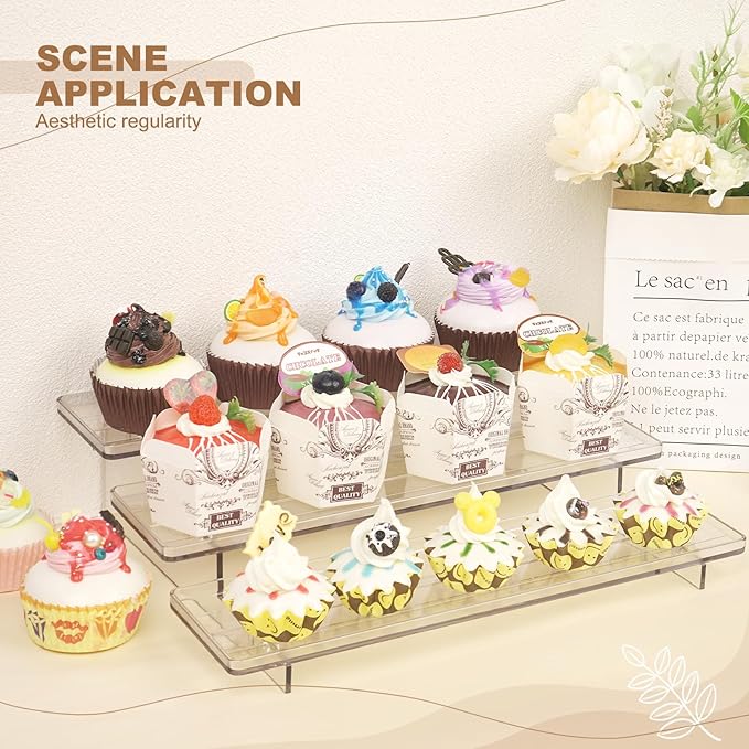 ULENDIS 2 Pack 3 Tier Acrylic Stands for Display, 12 inch Clear Display Stand Risers Shelf for Cupcakes Perfumes Figurines, Tabletop Cupcake Stand for Decorating & Organizing(11.8"x9.4"x3")