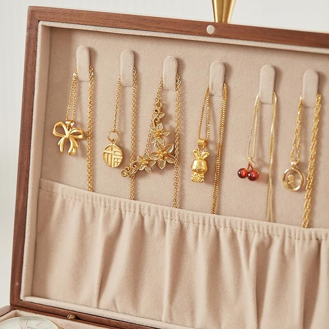 CHOSIN Black Walnut Wooden Jewelry Box for Women 2 Layer Jewelry Organizer with Removable Tray for Watches Rings Earrings Necklace Bracelets Storage Christmas Gifts