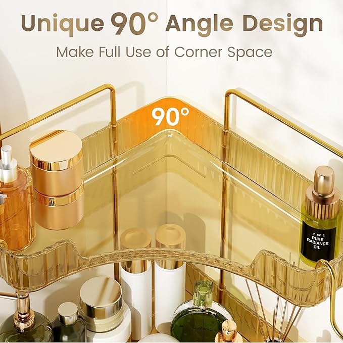 Golden 2-Tier Corner Bathroom Organizer, Countertop Storage Shelf with Hooks | Makeup & Skincare Organizer for Bathroom Sink and Vanity Counter