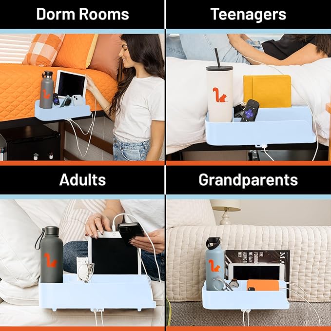 Squirrel-Bedside Perch, Floating Organizer with USB-C & A Charging Ports, Great Bedside Shelfie, Gift for teens and college freshman, for Gamers, Dorm room gifts. Assembly in 1 minute. Light Blue