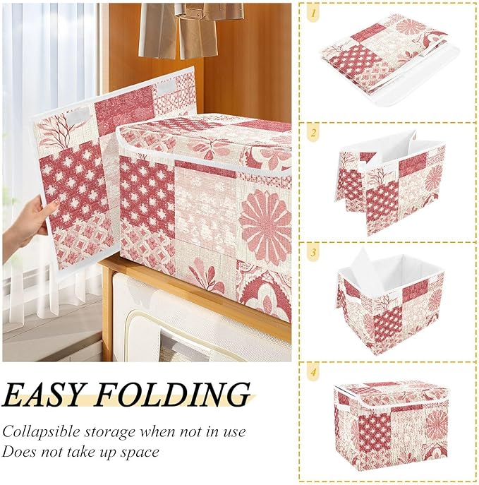 Storage Bin with Lid, Linen Textures Flower Large Collapsible Storage Box 300D Oxford Fabric Flip Lid Storage Box for Bedroom Shelves Closet Home Office