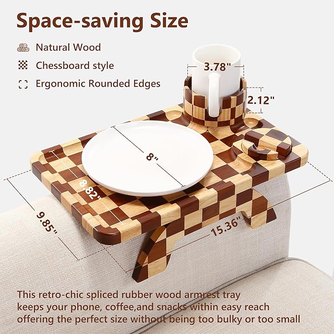 Couch Arm Table, Checkered Carbonized Rubber Wood Sofa Armrest Tray, 3-in-1 Clip-on Large Couch Cup Holder Tray with 360° Rotating Cup Holder & Phone Stand for Drinks, Snacks & Remote