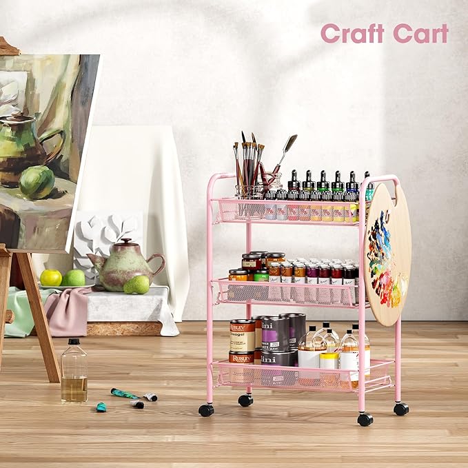 TOOLF 3 Tier Rolling Utility Cart - Durable Metal Design Pink Utility Cart, Storage Trolley on Wheels with 3 Hooks, Perfect for Kitchen, Bathroom & Laundry Room Organization