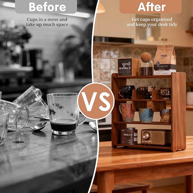 Coffee Cup Holder for Countertop Walnut Wood Coffee Mugs Holder for Kitchen Mug Display Rack (4-Tier Walnut wood B)