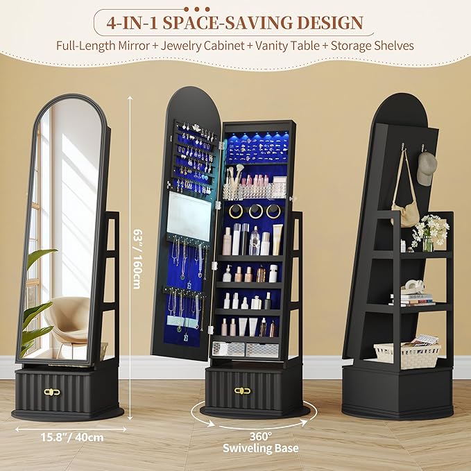 63" Full Length Mirror Jewelry Cabinet with Storage – Rotating, Lockable Jewelry Armoire with Velvet Lining, Standing Organizer for Women – Ideal Gift for Jewelry Storage & Display, Black