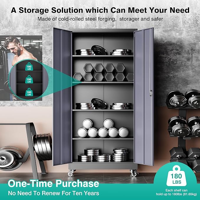 SISESOL 75" Tall Metal Storage Cabinet with Wheels,Rolling Garage Storage Cabinet with Lock,Gray Metal Cabinets with Wheels and Shelves,Tall Tool Cabinets on Wheel for Garage,Home,Office,Shop