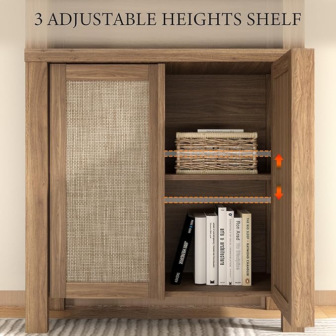 Yechen Arched Bookcase, 70.5" Tall Bookcase with Storage, Mid-Century Modern 5 Tier Bookshelves with Door, Boho Rattan Bookshelf for Living Room Kitchen Office Bedroom Library, Natural Walnut,1 PCS