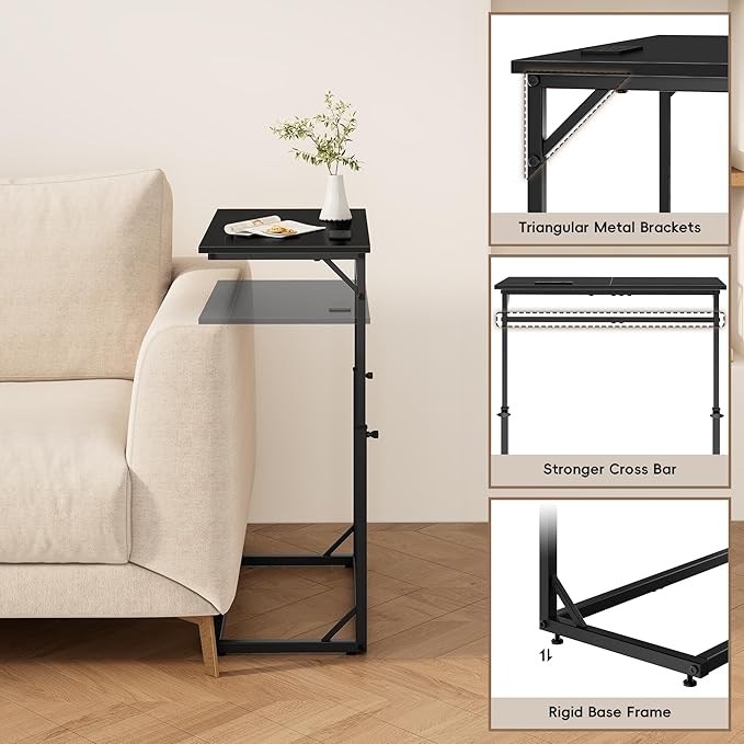 Vagusicc C Shaped End Table with Charging Station, C-Table End Table Adjustable Height Side Table for Couch, Large Couch Tables,Slide Under Sofa Tables TV Tray Arm Tables for Living Room,Bedroom,Black