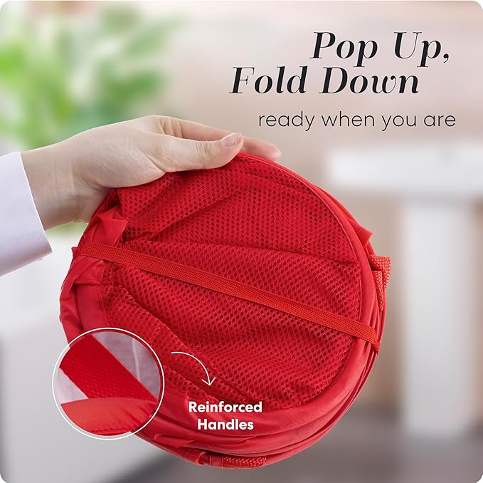 Handy Laundry Collapsible Mesh Pop Up Hamper with Wide Opening and Side Pocket - Breathable, Sturdy, Foldable, and Space-Saving Design for Clothes and Storage (Red)