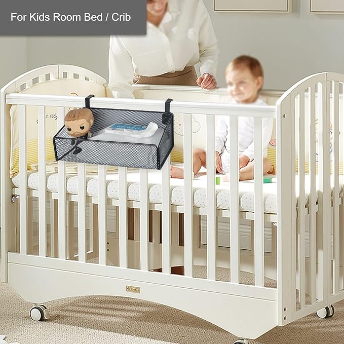 Bedside Shelf for Bed & Bunk Bed Storage Basket Office Cubical Wall Hanging Organizer - 5 Different Size Hooks - College Dorm Home Office Essentials for Phone,Book,Drink,Tissue (White)