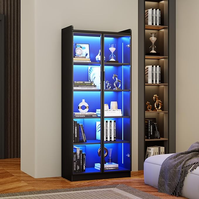 Display Cabinet with Doors and Adjustable Shelves, 65" Tall Bookcase with LED Lights/Human Sensor, 5 Tier Display Case for Collectibles Bedroom Living Room Office, Black