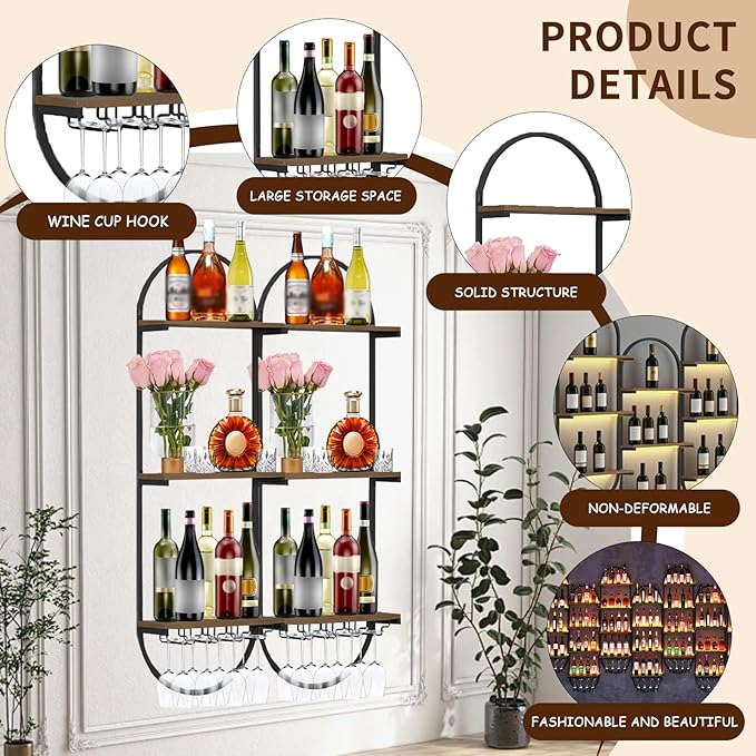 Wall Mount Wine Rack, 3-Tier Metal Oval Design Wine Rack Wall Mounted, Wine Bottle Holder for Home Bar, Wine Kitchen Storage Liquor, Champagne(Black, 2PCS)