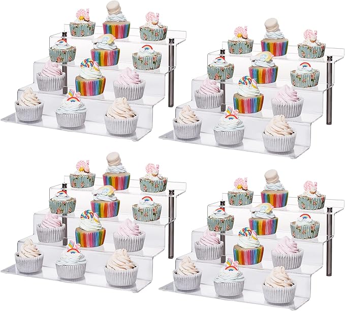Acrylic Riser Shelf 4 Tier Clear Display Stand for Collectibles Pop Figures, Cupcakes, Perfumes, Display Risers for Decorating & Organizing - 11.8 x 10.8 x 6.5 in (Large, 4 Pack)