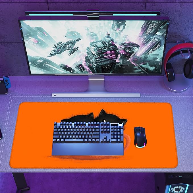 Large Cute Black Cat Mouse Pad, Extended Desk Mat with Non-Slip Base – 35.43 x 15.75 in – Cartoon Kittens in Orange Cup Design, Stitched Edges, Waterproof Gaming Keyboard Pad for Office & Home